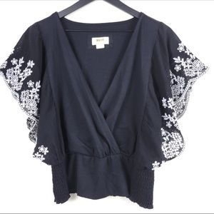 Anthropologie Maeve Tavi Embroidered Top Black L